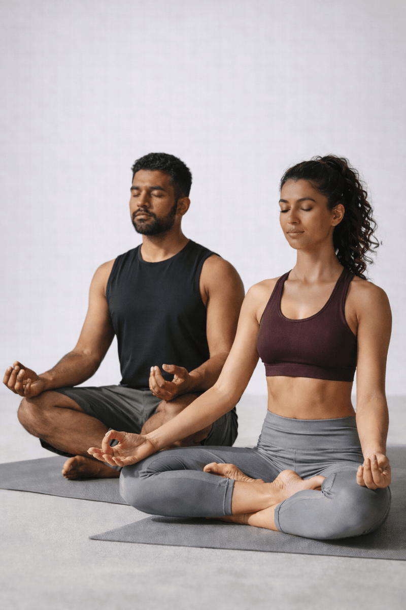 Man and woman meditating in lotus pose on yoga mats, practicing mindfulness and relaxation