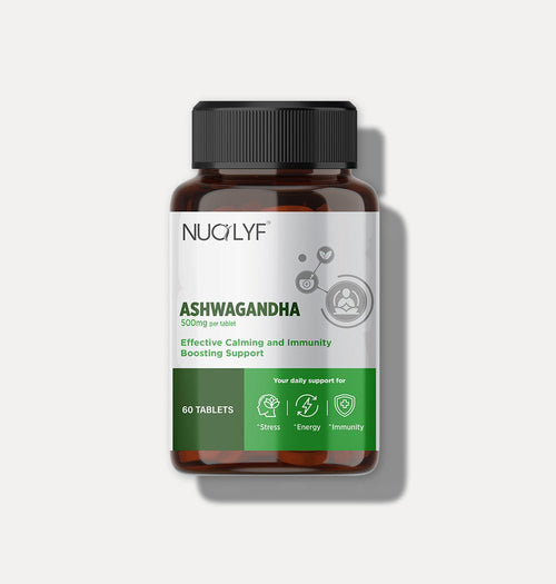 Ashwagandha 500mg supplement bottle with 60 tablets for stress and immunity support