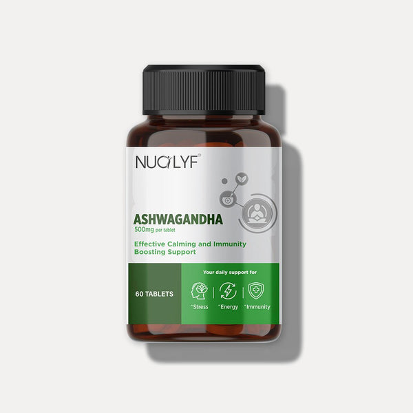 Ashwagandha 500mg supplement bottle with 60 tablets for stress and immunity support