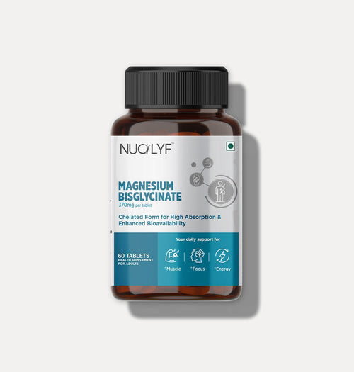 Magnesium bisglycinate 370mg supplement bottle with 60 tablets, muscle focus energy support