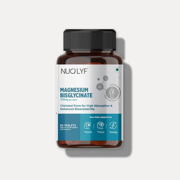 Magnesium bisglycinate 370mg supplement bottle with 60 tablets, muscle focus energy support