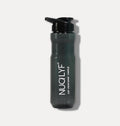 Black sipper bottle with ergonomic lid and printed motivational text on white background