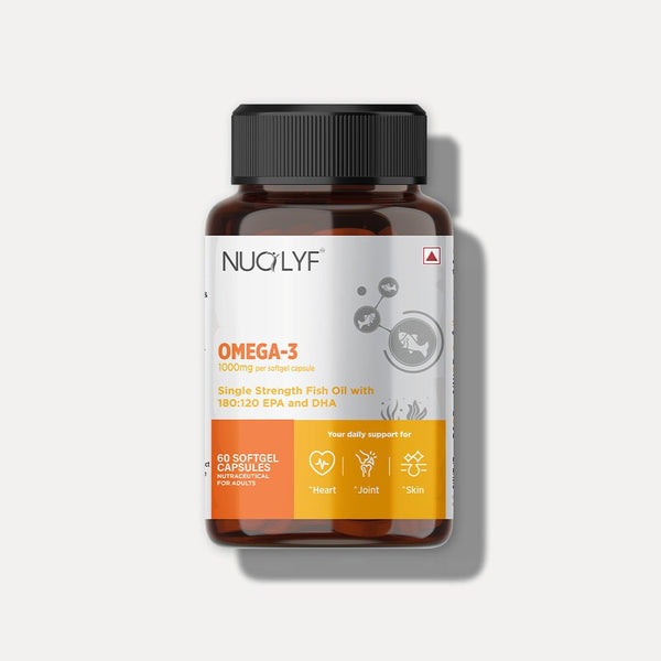 Omega-3 fish oil 1000mg supplement bottle with EPA and DHA, 60 softgel capsules