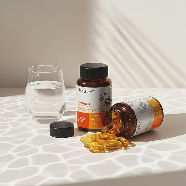 Omega-3 fish oil supplement bottles with softgel capsules and a glass of water on a table.