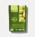 Organic amla powder pouch with green packaging and fresh amla fruit image