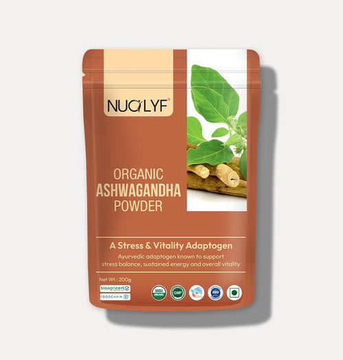 Organic ashwagandha powder pouch with green leaves and root, 200g, ayurvedic supplement