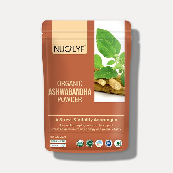 Organic ashwagandha powder pouch with green leaves and root, 200g, ayurvedic supplement