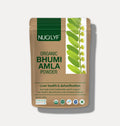 Organic Bhumi Amla powder brown pouch with green leaf design, 200g herbal supplement