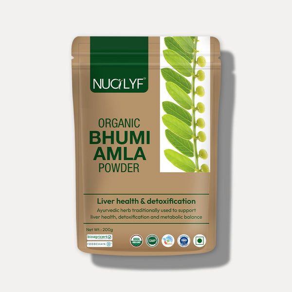 Organic Bhumi Amla powder brown pouch with green leaf design, 200g herbal supplement