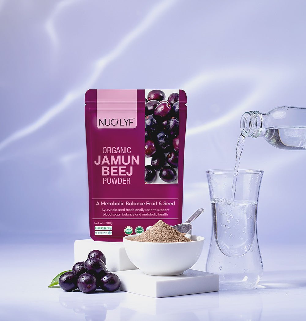 Organic jamun beej powder pouch with fresh jamun fruit, bowl of powder, and glass of water