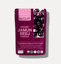 Organic jamun beej powder pouch with dark purple jamun fruit image and certification logos