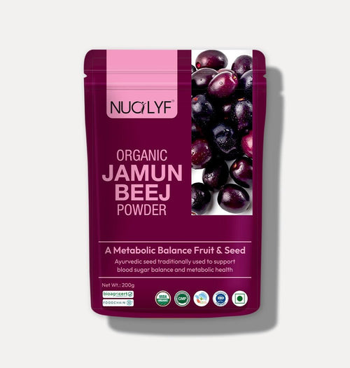 Organic jamun beej powder pouch with dark purple jamun fruit image and certification logos
