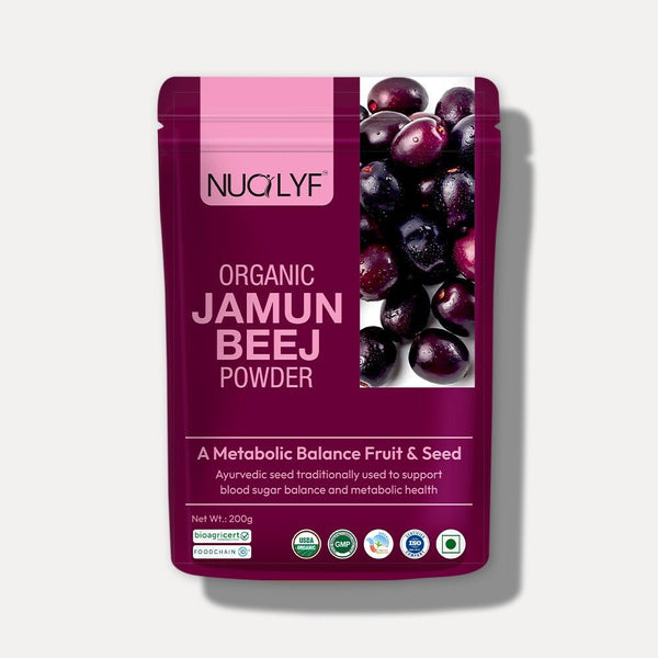 Organic jamun beej powder pouch with dark purple jamun fruit image and certification logos