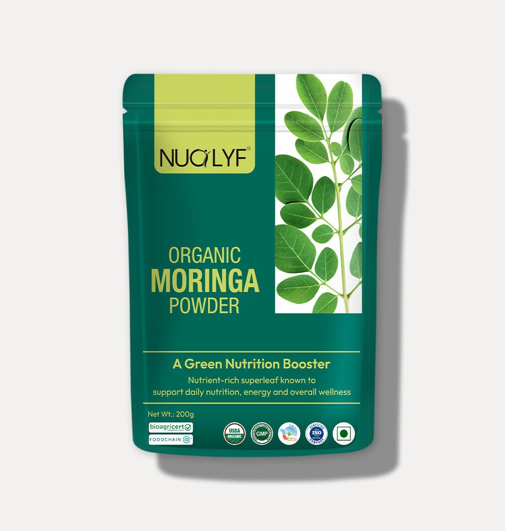 Organic moringa powder pouch with green leaf design and nutrition booster labels