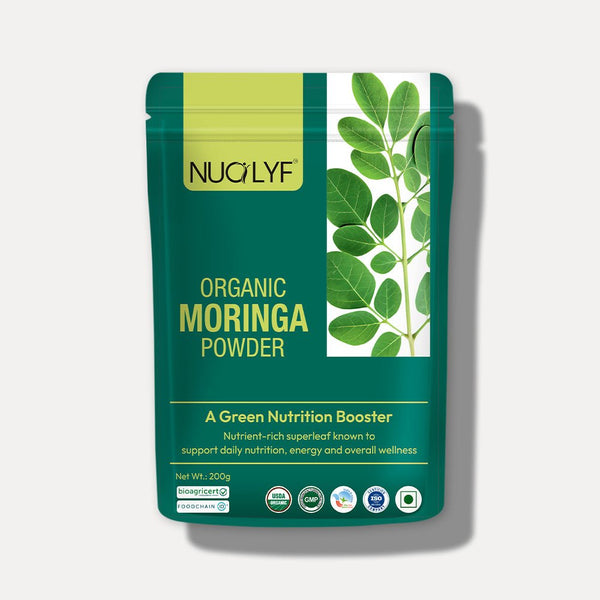 Organic moringa powder pouch with green leaf design and nutrition booster labels