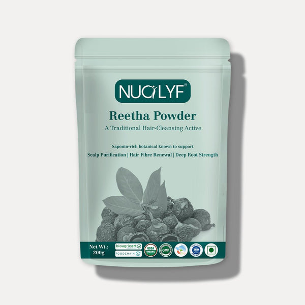 Reetha powder 200g pouch for hair cleansing with botanical and certification icons on package