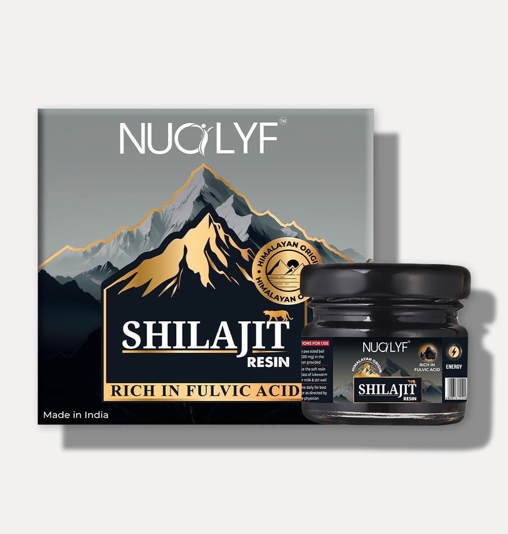 Shilajit resin jar with Himalayan mountains on packaging, rich in fulvic acid