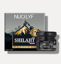 Shilajit resin jar with Himalayan mountains on packaging, rich in fulvic acid