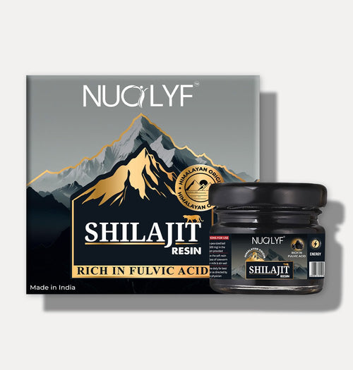 Shilajit resin jar with Himalayan mountains on packaging, rich in fulvic acid