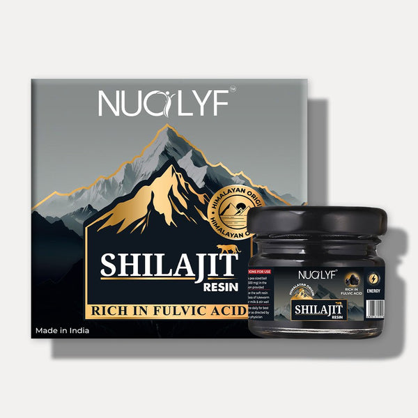 Shilajit resin jar with Himalayan mountains on packaging, rich in fulvic acid