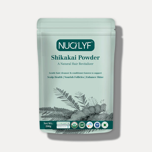 Shikakai powder pouch, natural hair cleanser and conditioner, 200g, with certification logos